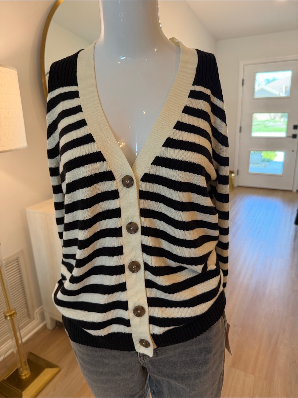 AnyBody Black & Cream Striped V-Neck Button Cardigan